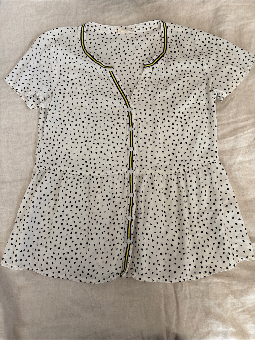 Hem & Thread White Polka Dot Button-Front Peplum Top with Yellow Trim
